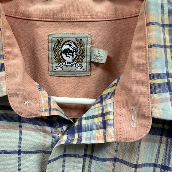 Cinch Cotton Short Sleeve Button Down Collar Shirt White Blue Peach Plaid Large - Picture 2 of 6